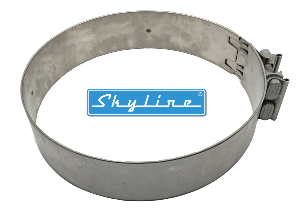 A photo of a single Skyline aftermarket CL076 flat band clamp for a diesel engine emission control system